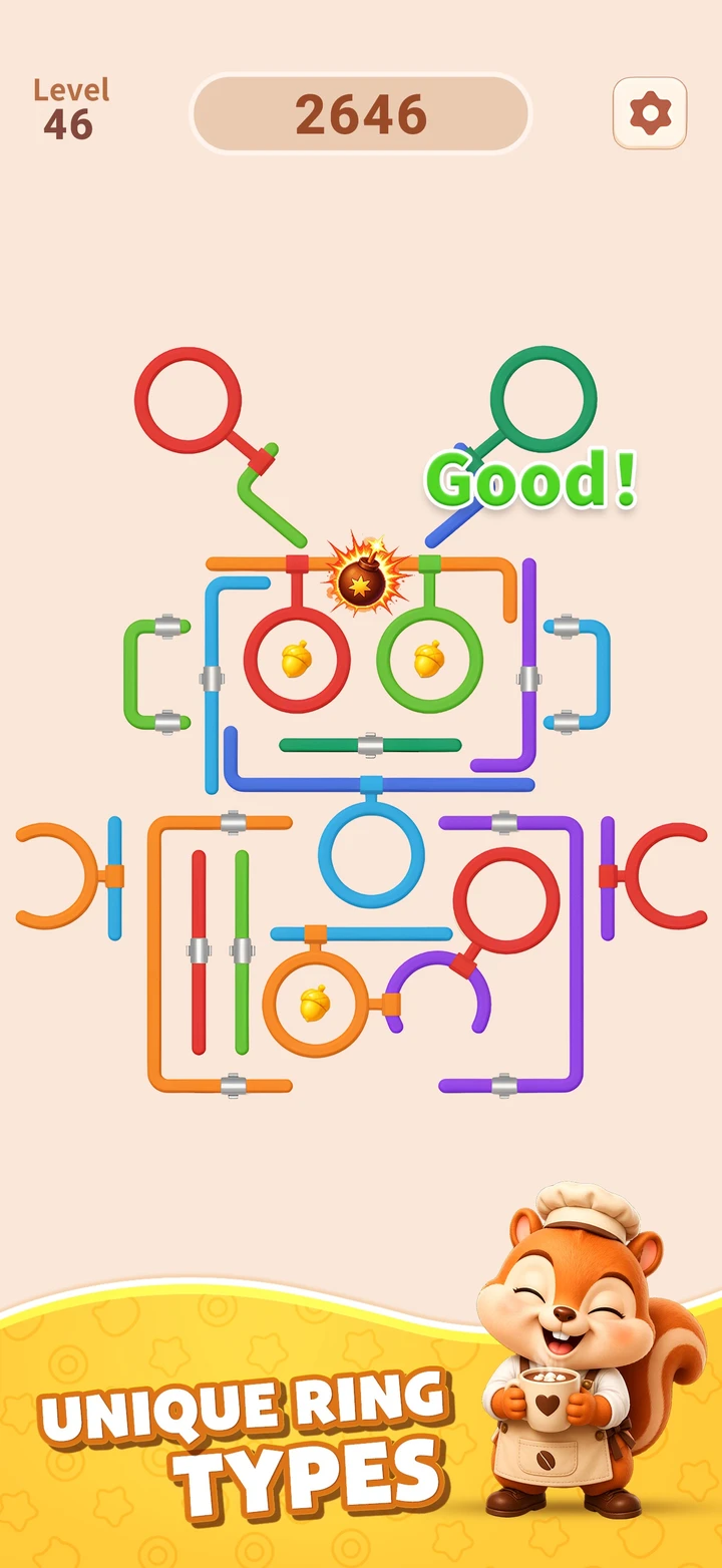 Imagen de la tienda de Rotate Rings con un marco rectangular, anillos de colores y objetivos con bellotas.